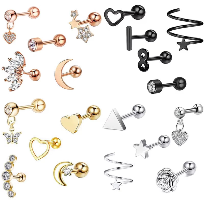5PCS Heart Tragus Piercing Stud Earring Set Small Lobe Stud Earrings Cartilage Piercing Helix Jewelry Barbell Stud Piercing Lot
