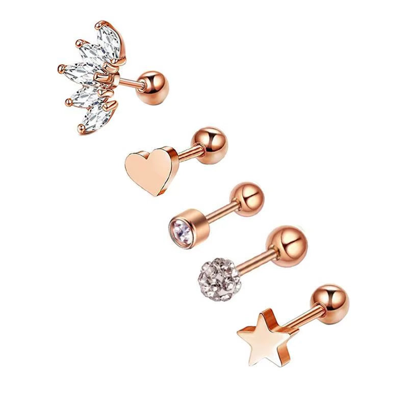 5PCS Heart Tragus Piercing Stud Earring Set Small Lobe Stud Earrings Cartilage Piercing Helix Jewelry Barbell Stud Piercing Lot