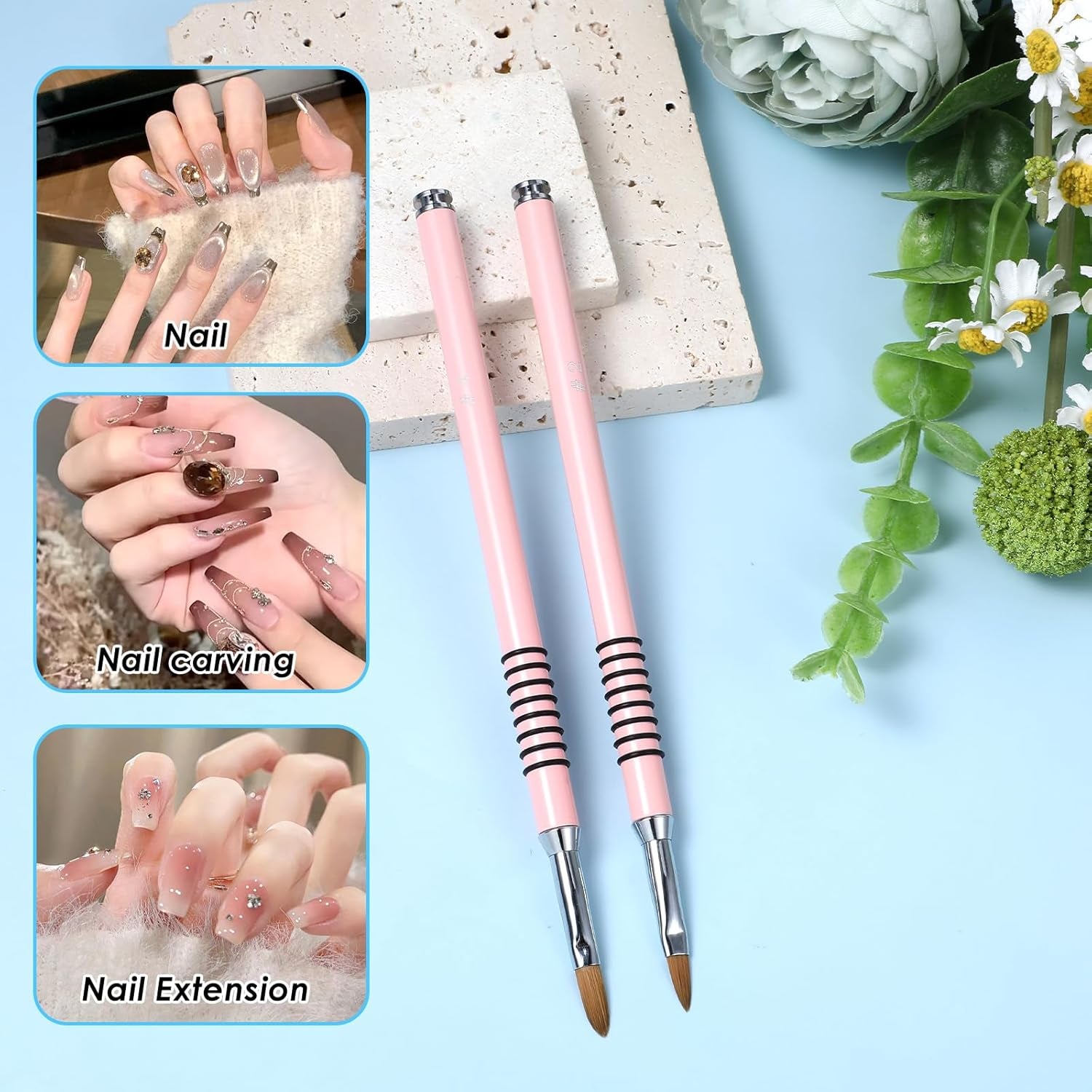 2 Packs Acrylic Nail Brush for Nails Art, Nail Art Brush Set Acrylic Kolinsky Nail Brush 3D Nail Art Flower Brush Acrylic Manicure Brush for Women Acrylic Application(Pink)