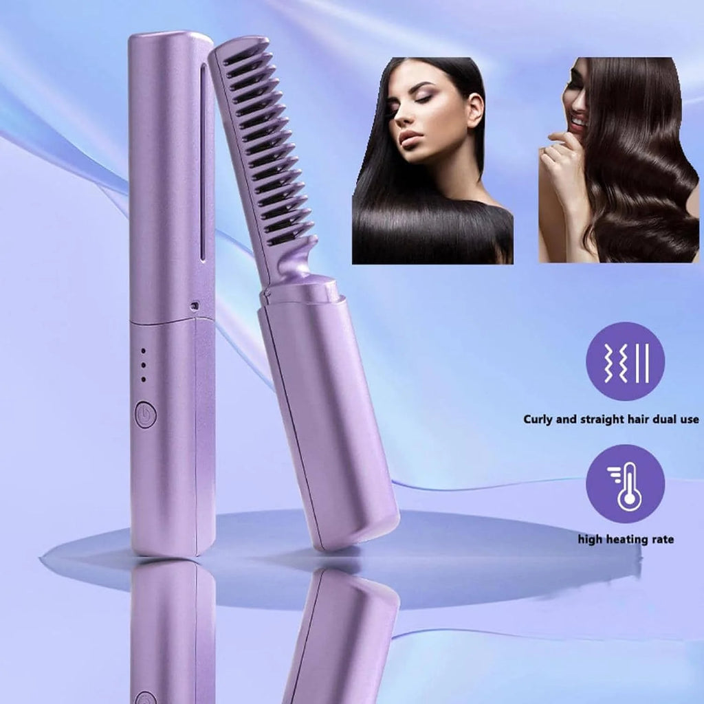 Rechargeable Mini Hair Straightener, Negative Ion Hot Comb Hair Straightener, Portable Cordless Hair Straightening Brush,A Quick Styling Brush