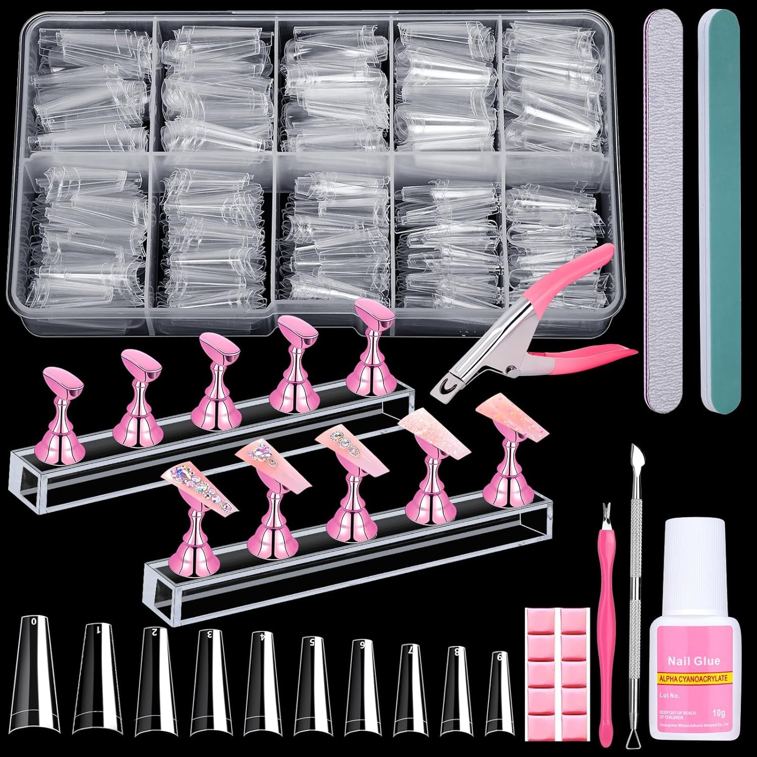 600PCS Clear Coffin Nail Tips Set - Clear Nail Tips for Acrylic Nails French Half Cover Fake Nail Tips Kit with Nail Glue, Nail Display Stand, Clipper, Cuticle Pusher Remover, Nail File and Buffer