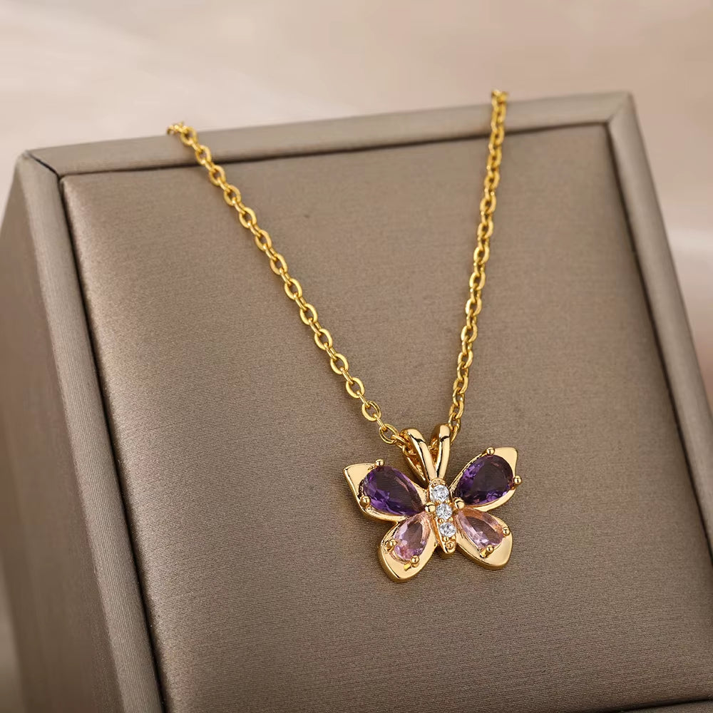 Cute Butterfly Necklace for Women Crystal Purple Butterfly Aesthetic Necklaces Charms Choker Party Stainless Steel Jewelry Gift