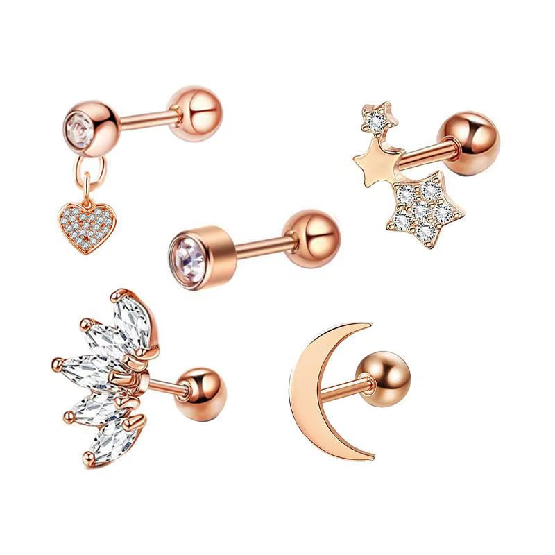 5PCS Heart Tragus Piercing Stud Earring Set Small Lobe Stud Earrings Cartilage Piercing Helix Jewelry Barbell Stud Piercing Lot