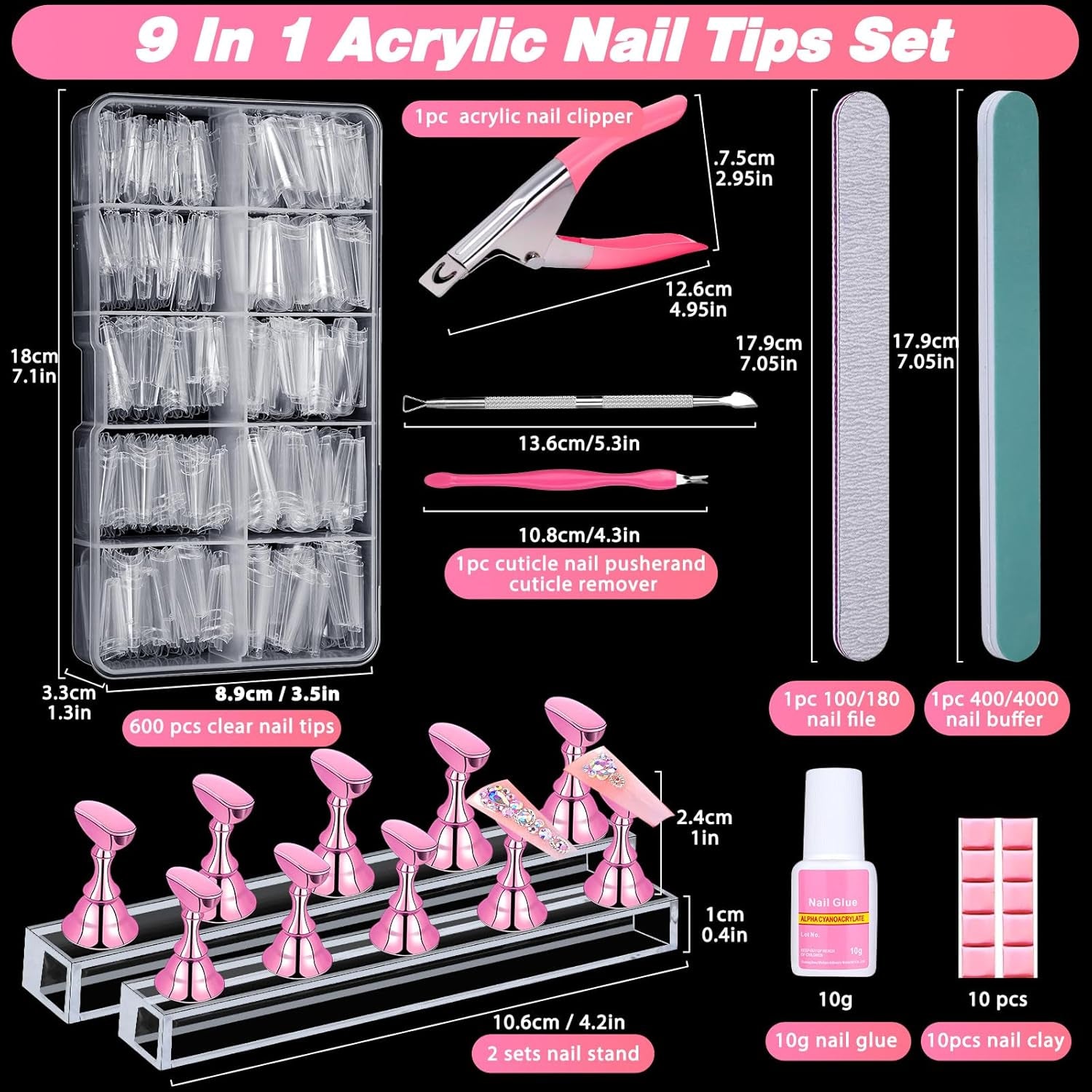 600PCS Clear Coffin Nail Tips Set - Clear Nail Tips for Acrylic Nails French Half Cover Fake Nail Tips Kit with Nail Glue, Nail Display Stand, Clipper, Cuticle Pusher Remover, Nail File and Buffer