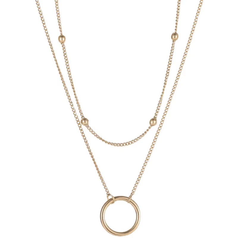 New Trend Stainless Steel Double Layer Bead Annulation Pendant Necklace for Women Stacked Choker Party Gift Fashion Jewelry