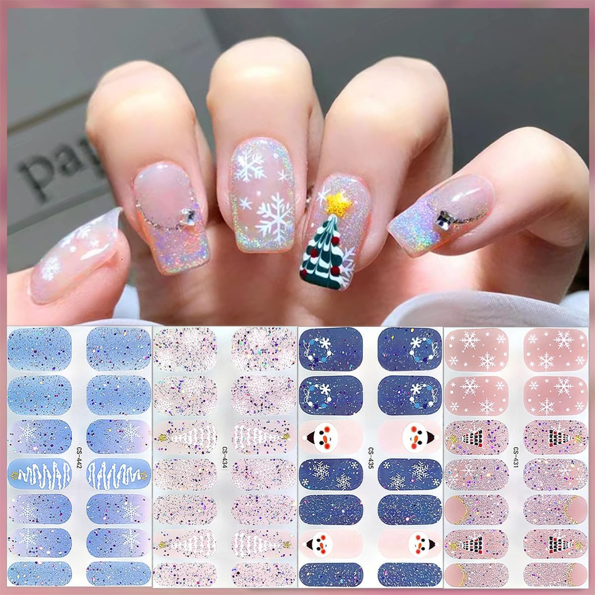 6 Sheets Christmas Nail Wraps Gel Nail Stickers 3D Christmas Nail Polish Strips Winter Xmas Tree Santa Claus Reindeer Designs Gel Nail Strips White Glitter Snowflake Full Warps for Women Holiday Decor