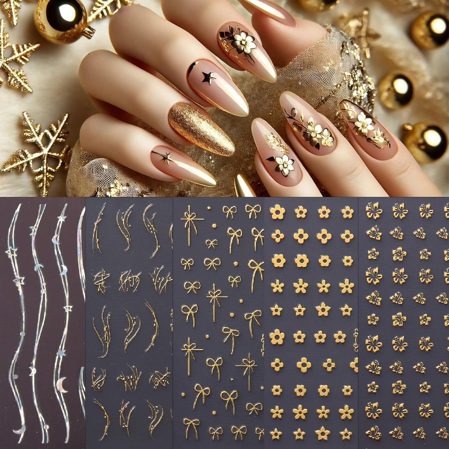5Sheets Gold Line Nail Art Stickers 3D Self Adhesive Metal Geometric Stripe Wave Little Flower Nail Sticker Glitter Designs Nail Art Supplies Bow Sticker for Women DIY Nail Decoration
