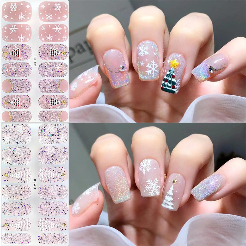 6 Sheets Christmas Nail Wraps Gel Nail Stickers 3D Christmas Nail Polish Strips Winter Xmas Tree Santa Claus Reindeer Designs Gel Nail Strips White Glitter Snowflake Full Warps for Women Holiday Decor