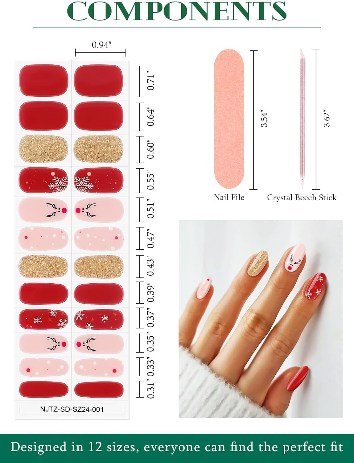 Christmas UV Gel Nail Art Stickers - 24PCS Semi Cured Nail Strips with Red Glitter, Elk Design, Nail File and Stick for Holiday Manicure